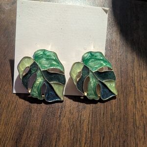 monstera Green and Blue Leaf Earrings